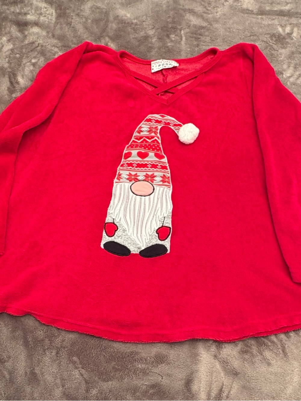 Red Long-Sleeve Gnome Applique V-Neck Tee